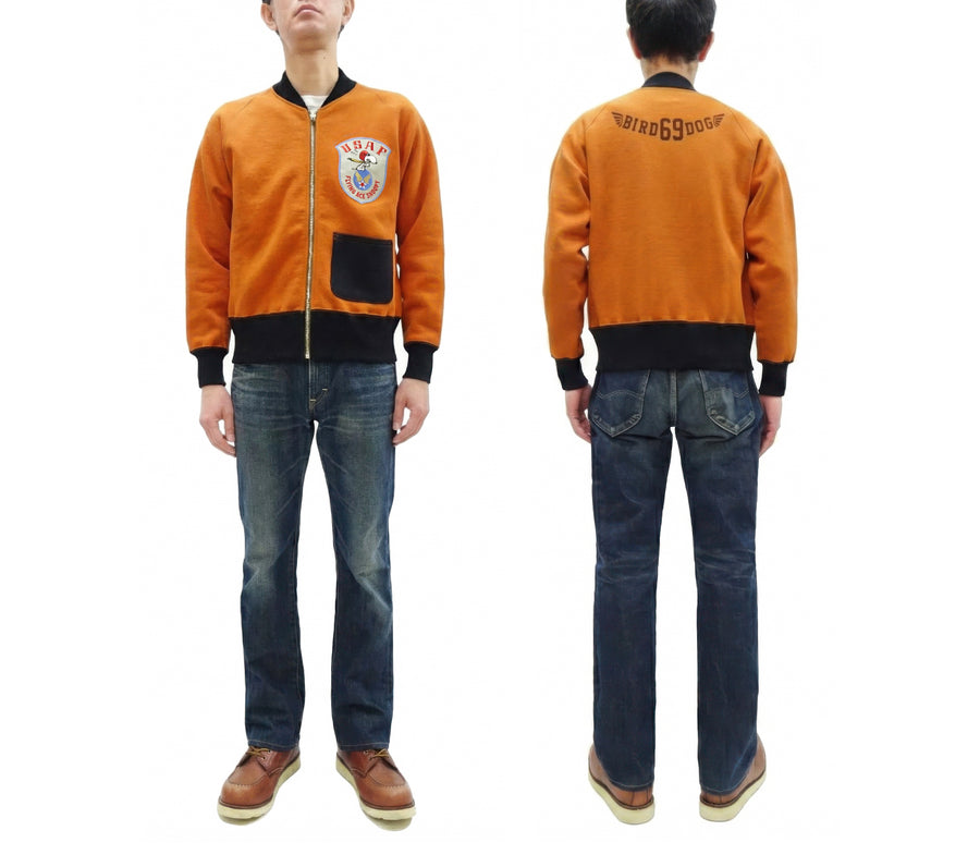TOYS McCOY Men's Flying Ace Snoopy Zip-Up Sweatshirt - USAF C-2 Inspired, No Hood, Heavyweight 100% Cotton Loopwheel Fleece, Two-Tone Contrast Panel Design - Made in Japan (TMC2551 070  orange and black)