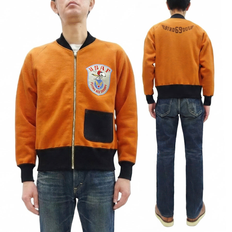 TOYS McCOY Men's Flying Ace Snoopy Zip-Up Sweatshirt - USAF C-2 Inspired, No Hood, Heavyweight 100% Cotton Loopwheel Fleece, Two-Tone Contrast Panel Design - Made in Japan (TMC2551 070  orange and black)