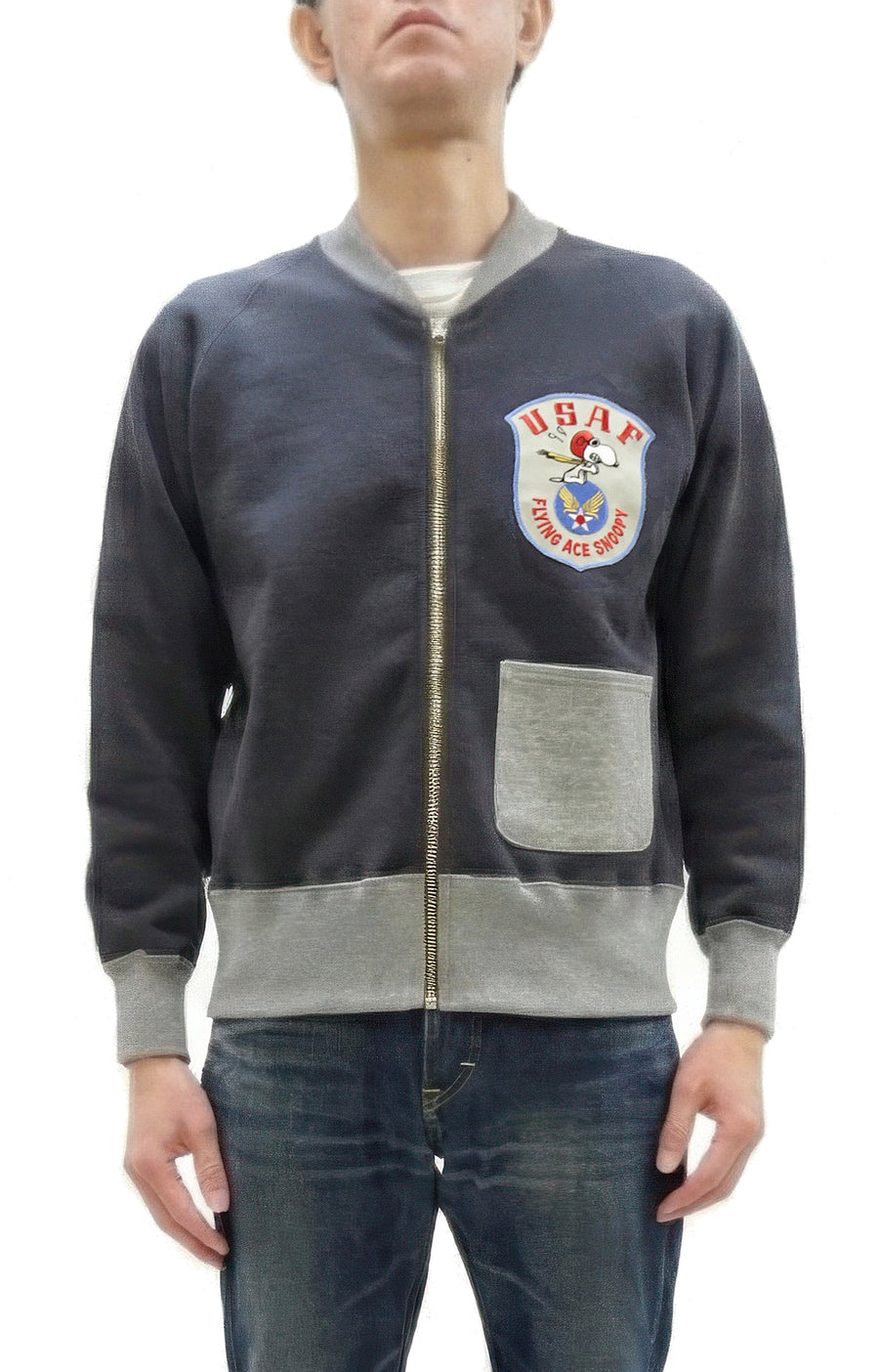 TOYS McCOY Men's Flying Ace Snoopy Zip-Up Sweatshirt - USAF C-2 Inspired, No Hood, Heavyweight 100% Cotton Loopwheel Fleece, Two-Tone Contrast Panel Design - Made in Japan (TMC2551 121  faded navy gray and gray)