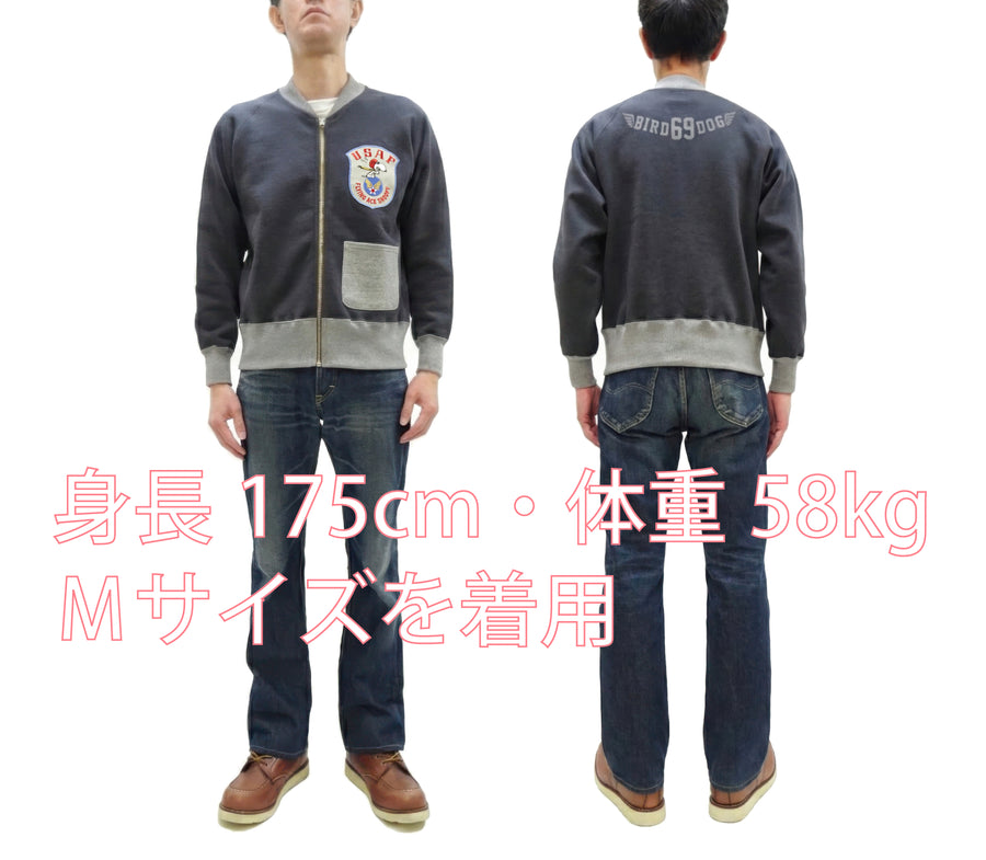 TOYS McCOY Men's Flying Ace Snoopy Zip-Up Sweatshirt - USAF C-2 Inspired, No Hood, Heavyweight 100% Cotton Loopwheel Fleece, Two-Tone Contrast Panel Design - Made in Japan (TMC2551 121  faded navy gray and gray)