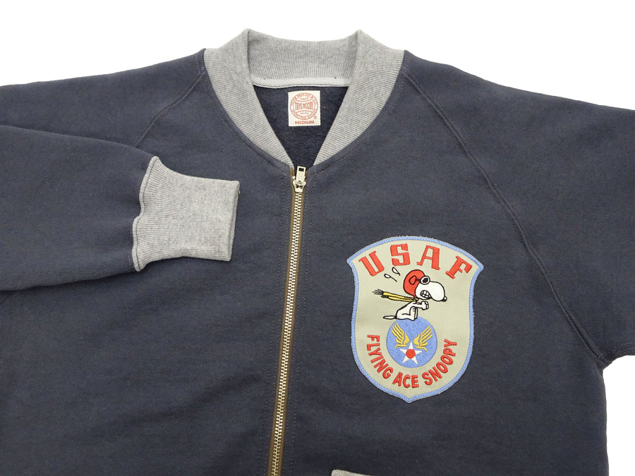 TOYS McCOY Men's Flying Ace Snoopy Zip-Up Sweatshirt - USAF C-2 Inspired, No Hood, Heavyweight 100% Cotton Loopwheel Fleece, Two-Tone Contrast Panel Design - Made in Japan (TMC2551 121  faded navy gray and gray)