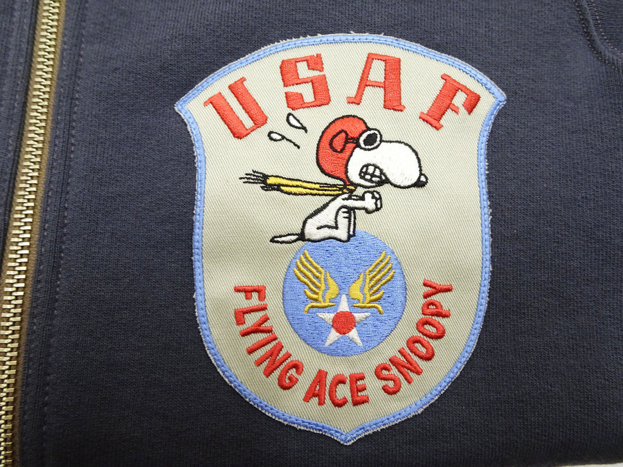 TOYS McCOY Men's Flying Ace Snoopy Zip-Up Sweatshirt - USAF C-2 Inspired, No Hood, Heavyweight 100% Cotton Loopwheel Fleece, Two-Tone Contrast Panel Design - Made in Japan (TMC2551 121  faded navy gray and gray)