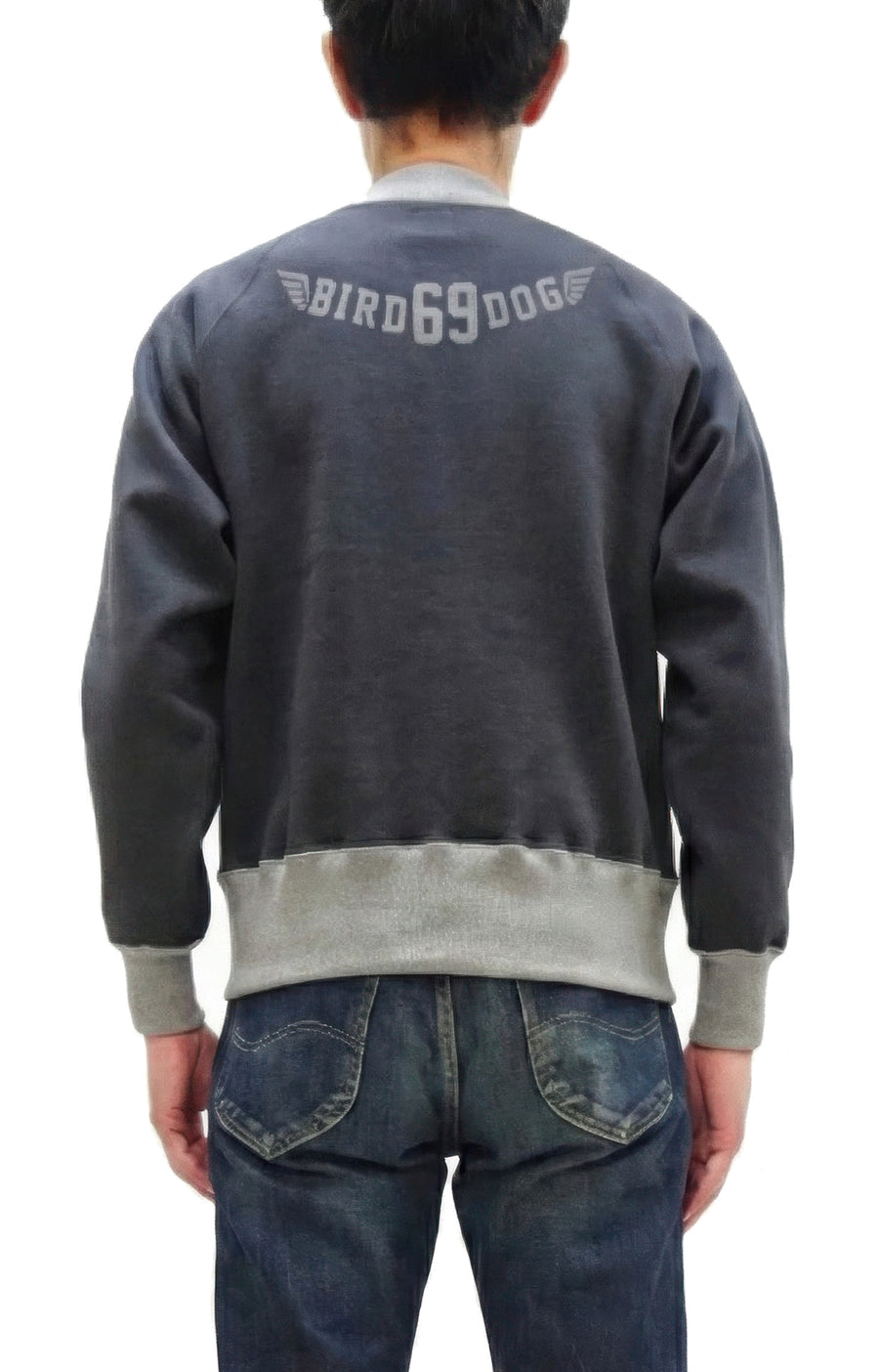 TOYS McCOY Men's Flying Ace Snoopy Zip-Up Sweatshirt - USAF C-2 Inspired, No Hood, Heavyweight 100% Cotton Loopwheel Fleece, Two-Tone Contrast Panel Design - Made in Japan (TMC2551 121  faded navy gray and gray)