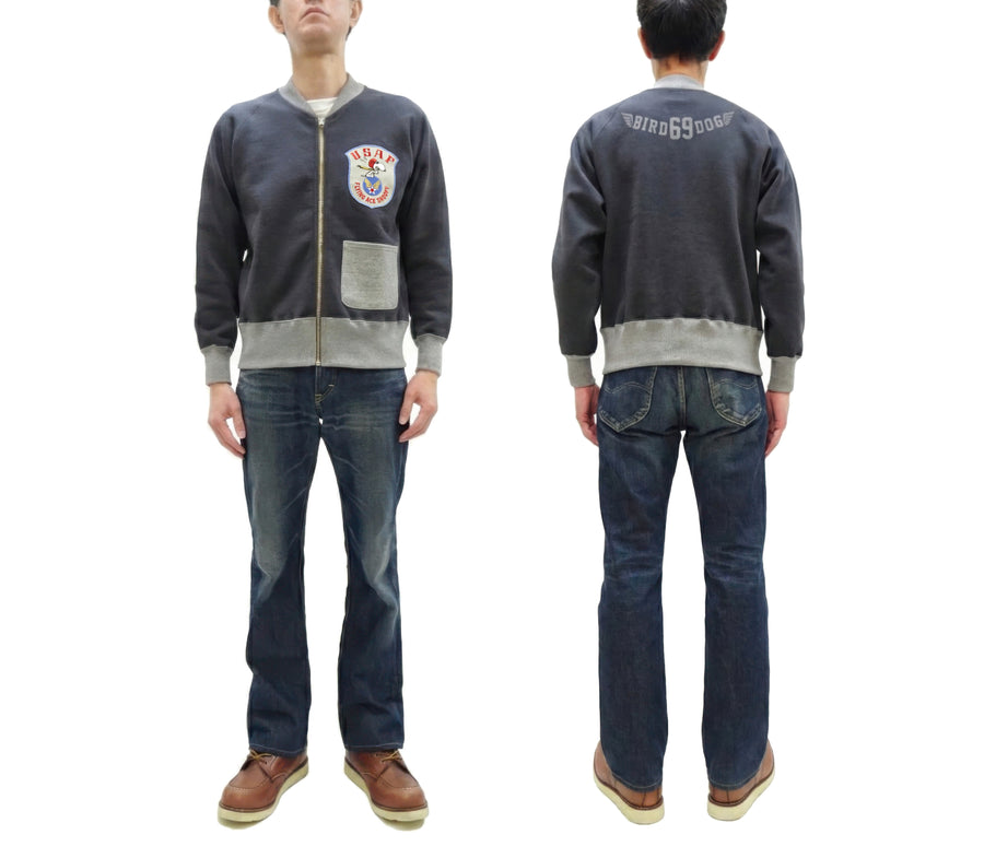 TOYS McCOY Men's Flying Ace Snoopy Zip-Up Sweatshirt - USAF C-2 Inspired, No Hood, Heavyweight 100% Cotton Loopwheel Fleece, Two-Tone Contrast Panel Design - Made in Japan (TMC2551 121  faded navy gray and gray)