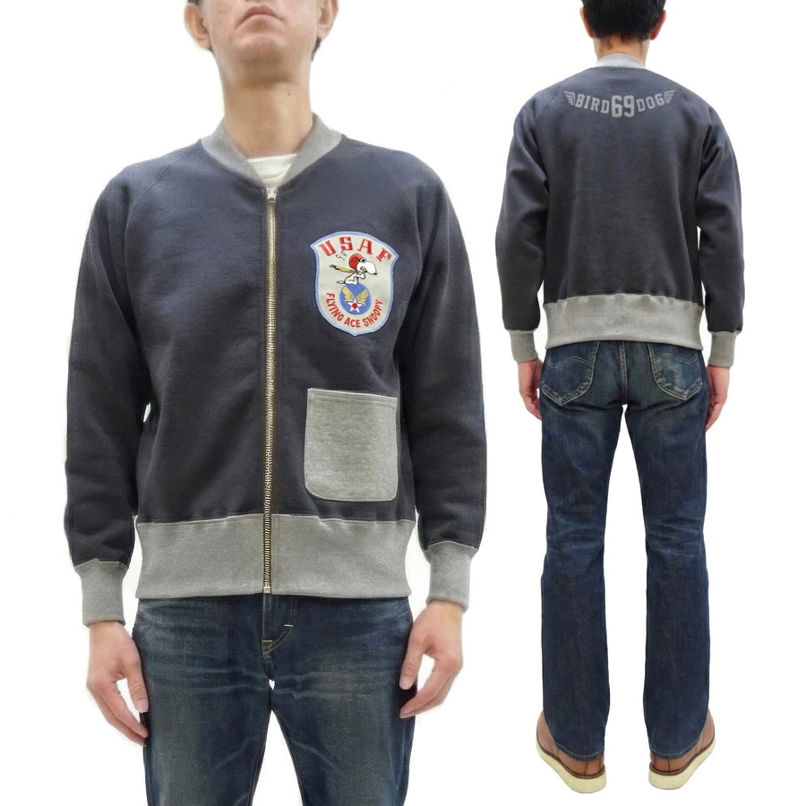 TOYS McCOY Men's Flying Ace Snoopy Zip-Up Sweatshirt - USAF C-2 Inspired, No Hood, Heavyweight 100% Cotton Loopwheel Fleece, Two-Tone Contrast Panel Design - Made in Japan (TMC2551 121  faded navy gray and gray)