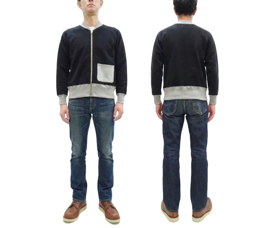 TOYS McCOY Men's Zip-Up Sweatshirt - USAAF C-2 Inspired, No Hood, Heavyweight 100% Cotton Loopwheel Fleece, Two-Tone Contrast Panel Design - Made in Japan (TMC2556 030 black and  gray)