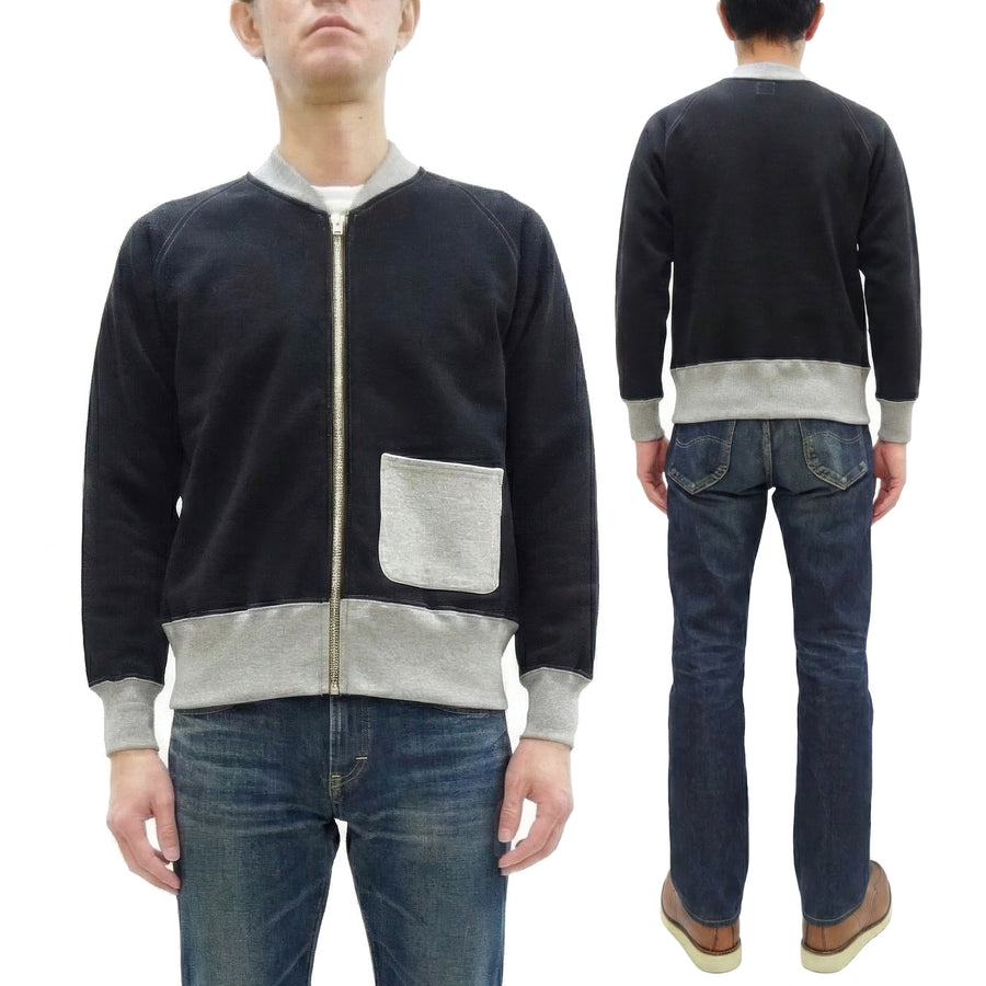 TOYS McCOY Men's Zip-Up Sweatshirt - USAAF C-2 Inspired, No Hood, Heavyweight 100% Cotton Loopwheel Fleece, Two-Tone Contrast Panel Design - Made in Japan (TMC2556 030 black and  gray)