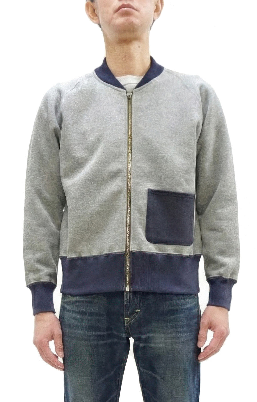 TOYS McCOY Men's Zip-Up Sweatshirt - USAAF C-2 Inspired, No Hood, Heavyweight 100% Cotton Loopwheel Fleece, Two-Tone Contrast Panel Design - Made in Japan (TMC2556 021 ash gray and  navy)