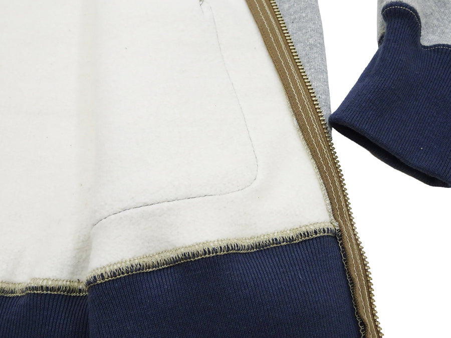 TOYS McCOY Men's Zip-Up Sweatshirt - USAAF C-2 Inspired, No Hood, Heavyweight 100% Cotton Loopwheel Fleece, Two-Tone Contrast Panel Design - Made in Japan (TMC2556 021 ash gray and  navy)