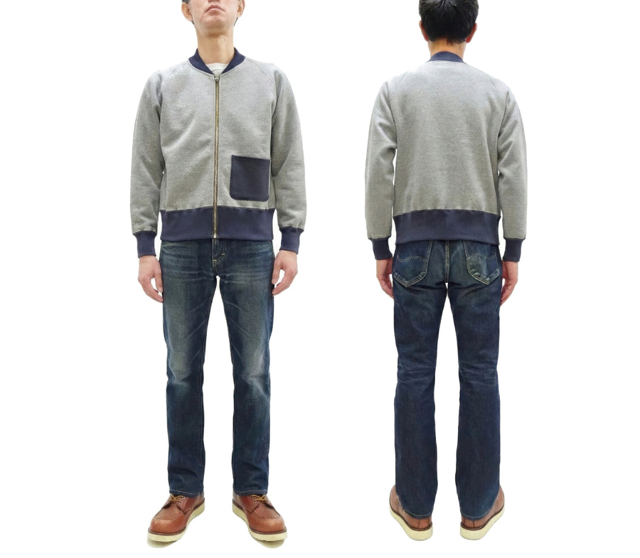 TOYS McCOY Men's Zip-Up Sweatshirt - USAAF C-2 Inspired, No Hood, Heavyweight 100% Cotton Loopwheel Fleece, Two-Tone Contrast Panel Design - Made in Japan (TMC2556 021 ash gray and  navy)
