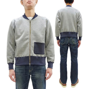 TOYS McCOY Men's Zip-Up Sweatshirt - USAAF C-2 Inspired, No Hood, Heavyweight 100% Cotton Loopwheel Fleece, Two-Tone Contrast Panel Design - Made in Japan (TMC2556 021 ash gray and  navy)
