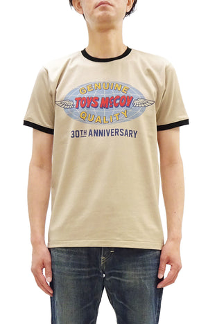 TOYS McCOY Men's 30th Anniversary Graphic Ringer T-Shirt, Heavyweight 100% Cotton Tubular Jersey Tee with No Side Seams, Unwashed, Made in Japan (TMC2609 Muted Beige with Black Trim)
