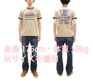 TOYS McCOY Men's 30th Anniversary Graphic Ringer T-Shirt, Heavyweight 100% Cotton Tubular Jersey Tee with No Side Seams, Unwashed, Made in Japan (TMC2609 Muted Beige with Black Trim)