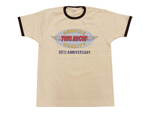 TOYS McCOY Men's 30th Anniversary Graphic Ringer T-Shirt, Heavyweight 100% Cotton Tubular Jersey Tee with No Side Seams, Unwashed, Made in Japan (TMC2609 Muted Beige with Black Trim)