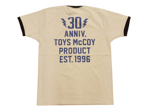 TOYS McCOY Men's 30th Anniversary Graphic Ringer T-Shirt, Heavyweight 100% Cotton Tubular Jersey Tee with No Side Seams, Unwashed, Made in Japan (TMC2609 Muted Beige with Black Trim)