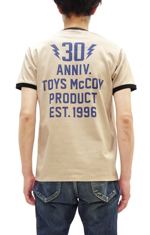 TOYS McCOY Men's 30th Anniversary Graphic Ringer T-Shirt, Heavyweight 100% Cotton Tubular Jersey Tee with No Side Seams, Unwashed, Made in Japan (TMC2609 Muted Beige with Black Trim)