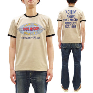 TOYS McCOY Men's 30th Anniversary Graphic Ringer T-Shirt, Heavyweight 100% Cotton Tubular Jersey Tee with No Side Seams, Unwashed, Made in Japan (TMC2609 Muted Beige with Black Trim)