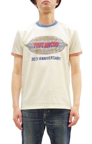 TOYS McCOY Men's 30th Anniversary Graphic Ringer T-Shirt, Heavyweight 100% Cotton Tubular Jersey Tee with No Side Seams, Unwashed, Made in Japan (TMC2609 Off-White with Blue/Orange Trim)