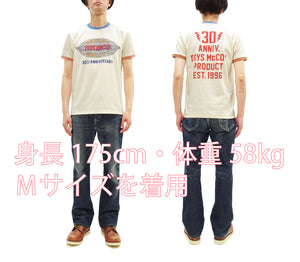 TOYS McCOY Men's 30th Anniversary Graphic Ringer T-Shirt, Heavyweight 100% Cotton Tubular Jersey Tee with No Side Seams, Unwashed, Made in Japan (TMC2609 Off-White with Blue/Orange Trim)