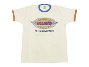 TOYS McCOY Men's 30th Anniversary Graphic Ringer T-Shirt, Heavyweight 100% Cotton Tubular Jersey Tee with No Side Seams, Unwashed, Made in Japan (TMC2609 Off-White with Blue/Orange Trim)
