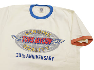TOYS McCOY Men's 30th Anniversary Graphic Ringer T-Shirt, Heavyweight 100% Cotton Tubular Jersey Tee with No Side Seams, Unwashed, Made in Japan (TMC2609 Off-White with Blue/Orange Trim)