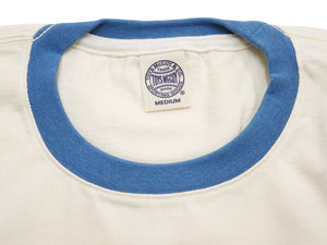 TOYS McCOY Men's 30th Anniversary Graphic Ringer T-Shirt, Heavyweight 100% Cotton Tubular Jersey Tee with No Side Seams, Unwashed, Made in Japan (TMC2609 Off-White with Blue/Orange Trim)