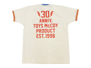 TOYS McCOY Men's 30th Anniversary Graphic Ringer T-Shirt, Heavyweight 100% Cotton Tubular Jersey Tee with No Side Seams, Unwashed, Made in Japan (TMC2609 Off-White with Blue/Orange Trim)