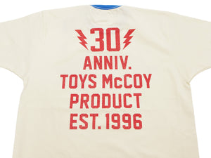 TOYS McCOY Men's 30th Anniversary Graphic Ringer T-Shirt, Heavyweight 100% Cotton Tubular Jersey Tee with No Side Seams, Unwashed, Made in Japan (TMC2609 Off-White with Blue/Orange Trim)