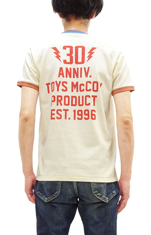 TOYS McCOY Men's 30th Anniversary Graphic Ringer T-Shirt, Heavyweight 100% Cotton Tubular Jersey Tee with No Side Seams, Unwashed, Made in Japan (TMC2609 Off-White with Blue/Orange Trim)