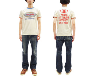 TOYS McCOY Men's 30th Anniversary Graphic Ringer T-Shirt, Heavyweight 100% Cotton Tubular Jersey Tee with No Side Seams, Unwashed, Made in Japan (TMC2609 Off-White with Blue/Orange Trim)