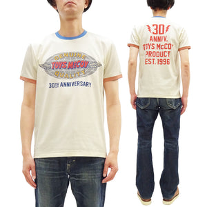 TOYS McCOY Men's 30th Anniversary Graphic Ringer T-Shirt, Heavyweight 100% Cotton Tubular Jersey Tee with No Side Seams, Unwashed, Made in Japan (TMC2609 Off-White with Blue/Orange Trim)