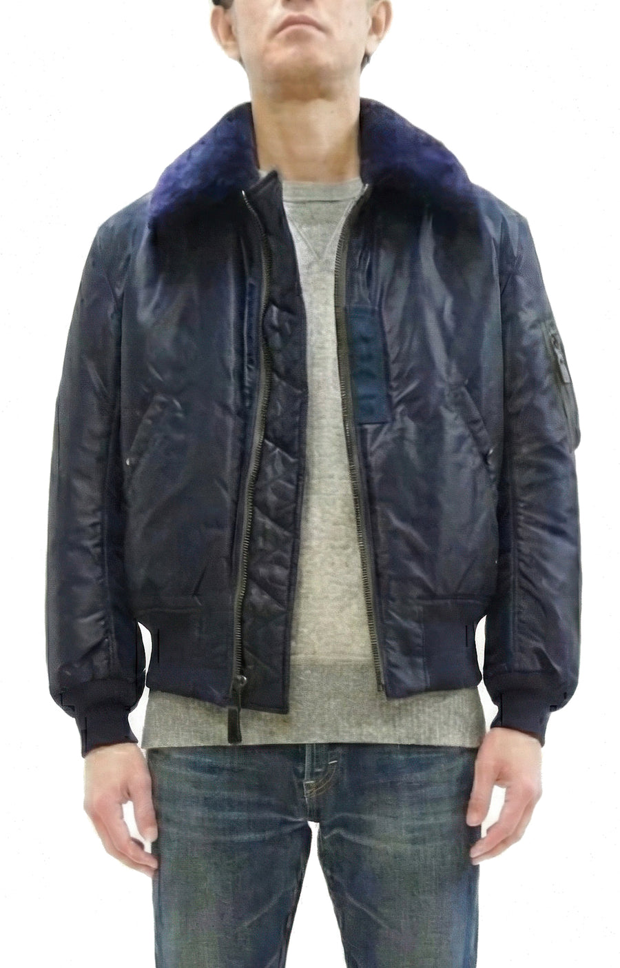 TOYS McCOY Men's USAF B-15C Flight Jacket, Albert Turner Reproduction Nylon Bomber Jacket with Mouton Fur Collar - Made in Japan (TMJ2530 Air Force Blue)