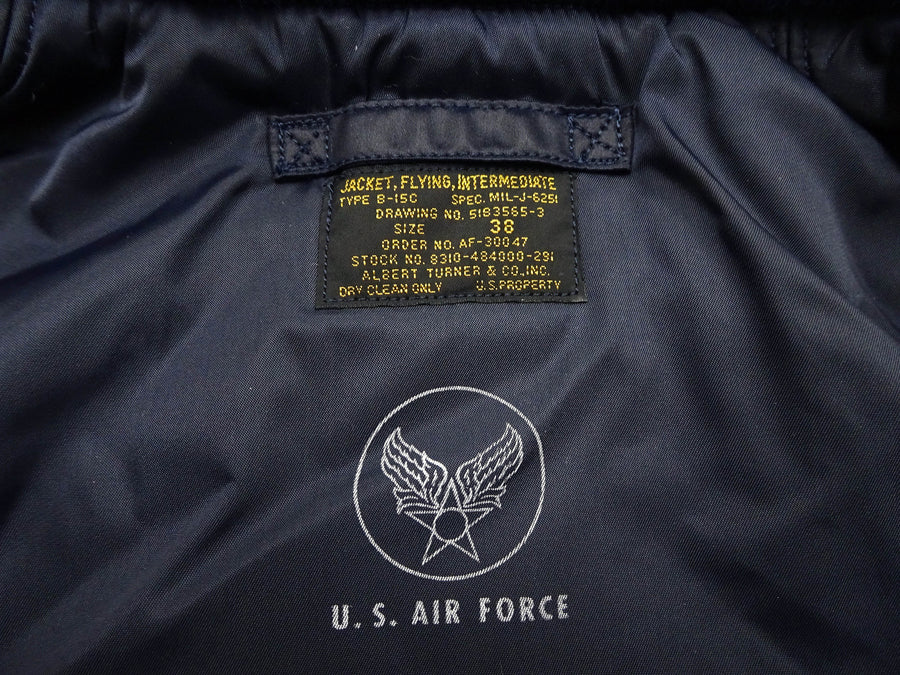 TOYS McCOY Men's USAF B-15C Flight Jacket, Albert Turner Reproduction Nylon Bomber Jacket with Mouton Fur Collar - Made in Japan (TMJ2530 Air Force Blue)