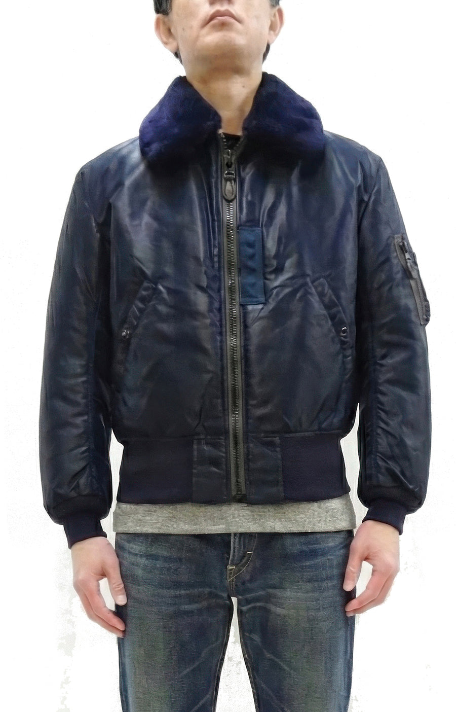 TOYS McCOY Men's USAF B-15C Flight Jacket, Albert Turner Reproduction Nylon Bomber Jacket with Mouton Fur Collar - Made in Japan (TMJ2530 Air Force Blue)