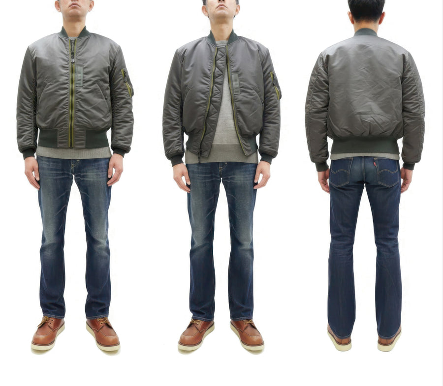 TOYS McCOY Men's MA-1 Flight Jacket - Albert Turner Reproduction, Sage Gray Nylon Bomber Jacket, Made in Japan TMJ2533