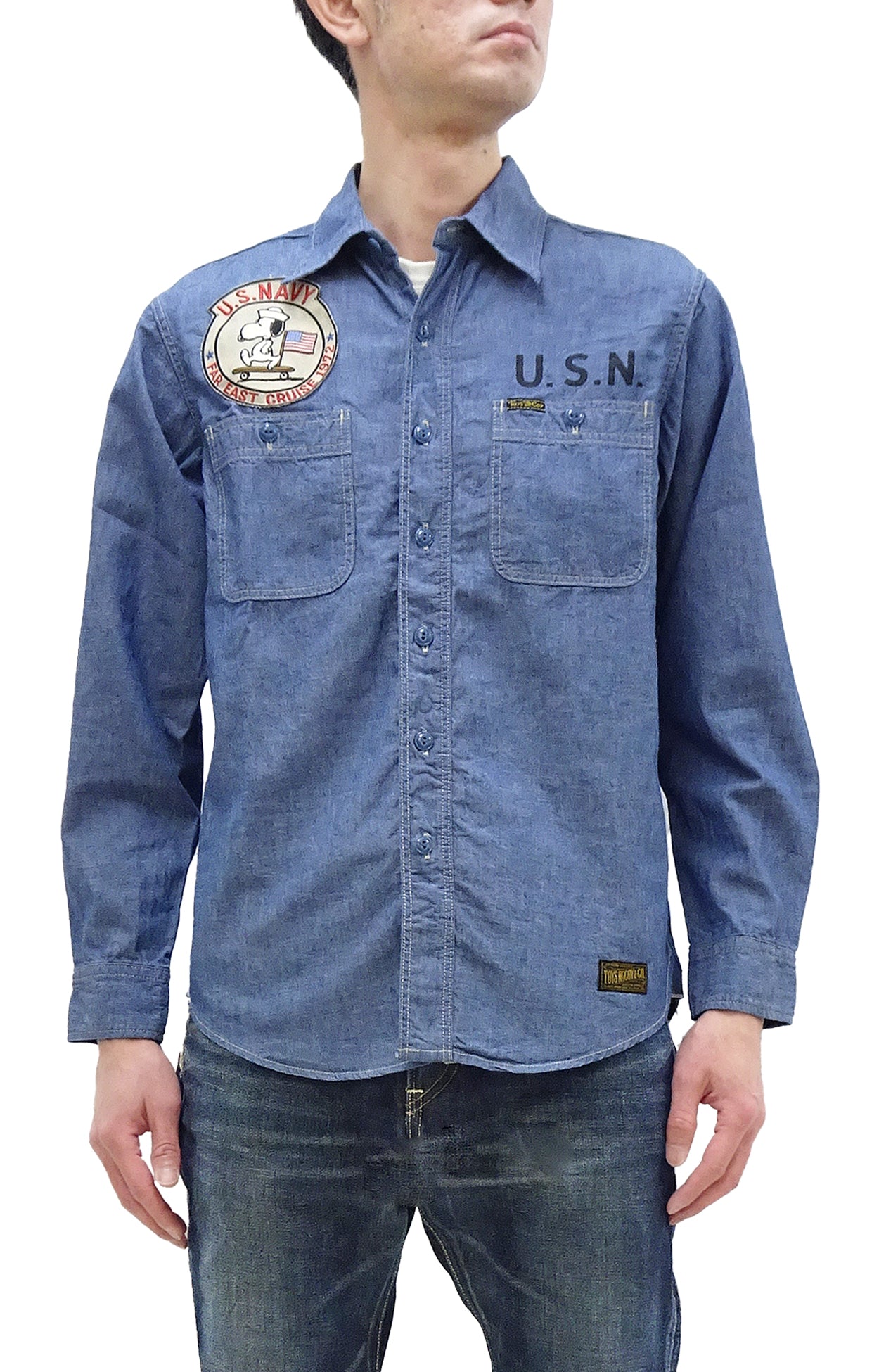 TOYS McCOY Blue Chambray Shirt Men's Snoopy Custom Long Sleeve Button Up Work  Shirt TMS2402