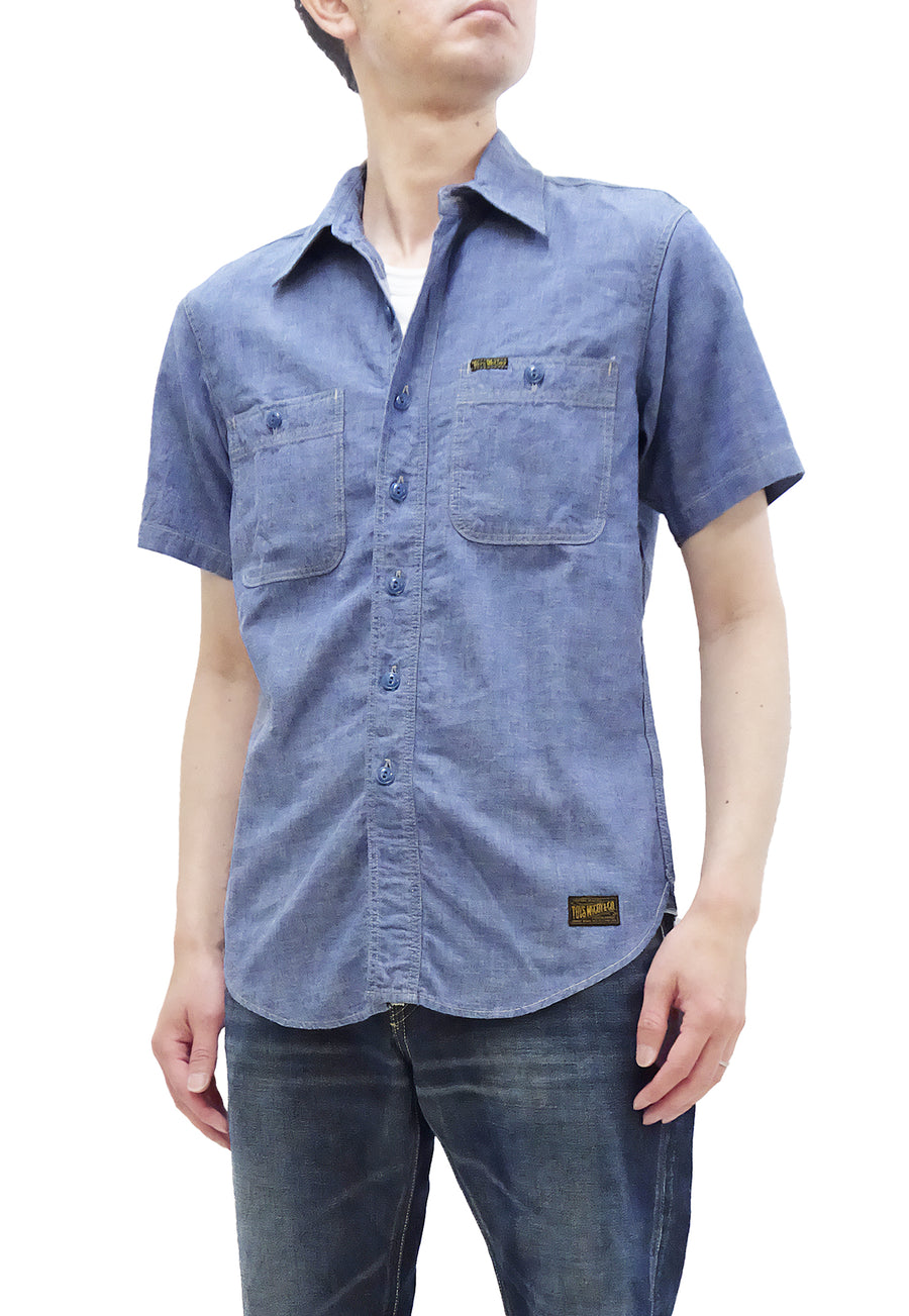 TOYS McCOY Men's Short-Sleeve Blue Chambray Shirt - Classic U.S. Navy Utility Shirt Style Work Shirt TMS2507