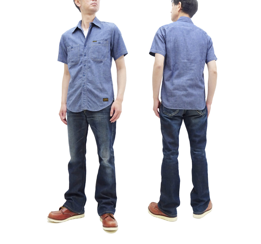 TOYS McCOY Men's Short-Sleeve Blue Chambray Shirt - Classic U.S. Navy Utility Shirt Style Work Shirt TMS2507