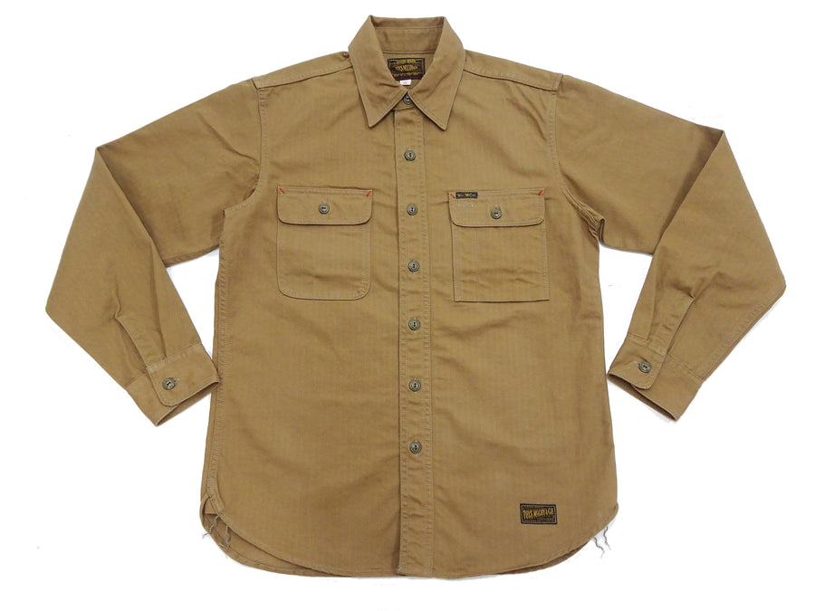 TOYS McCOY Men's Long-Sleeve Solid-Color Work Shirt - Vintage-Inspired Heavyweight Cotton Herringbone Twill (HBT), Made in Japan (TMS2508 041 Khaki Brown)