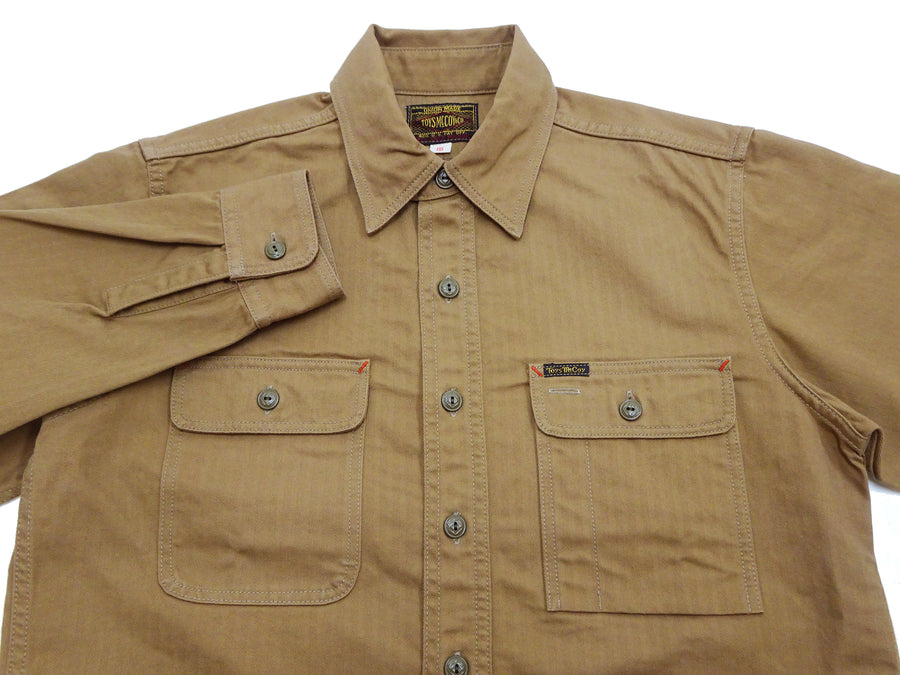 TOYS McCOY Men's Long-Sleeve Solid-Color Work Shirt - Vintage-Inspired Heavyweight Cotton Herringbone Twill (HBT), Made in Japan (TMS2508 041 Khaki Brown)