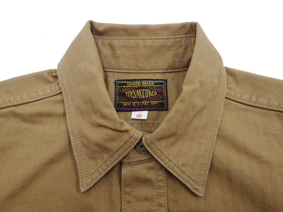 TOYS McCOY Men's Long-Sleeve Solid-Color Work Shirt - Vintage-Inspired Heavyweight Cotton Herringbone Twill (HBT), Made in Japan (TMS2508 041 Khaki Brown)