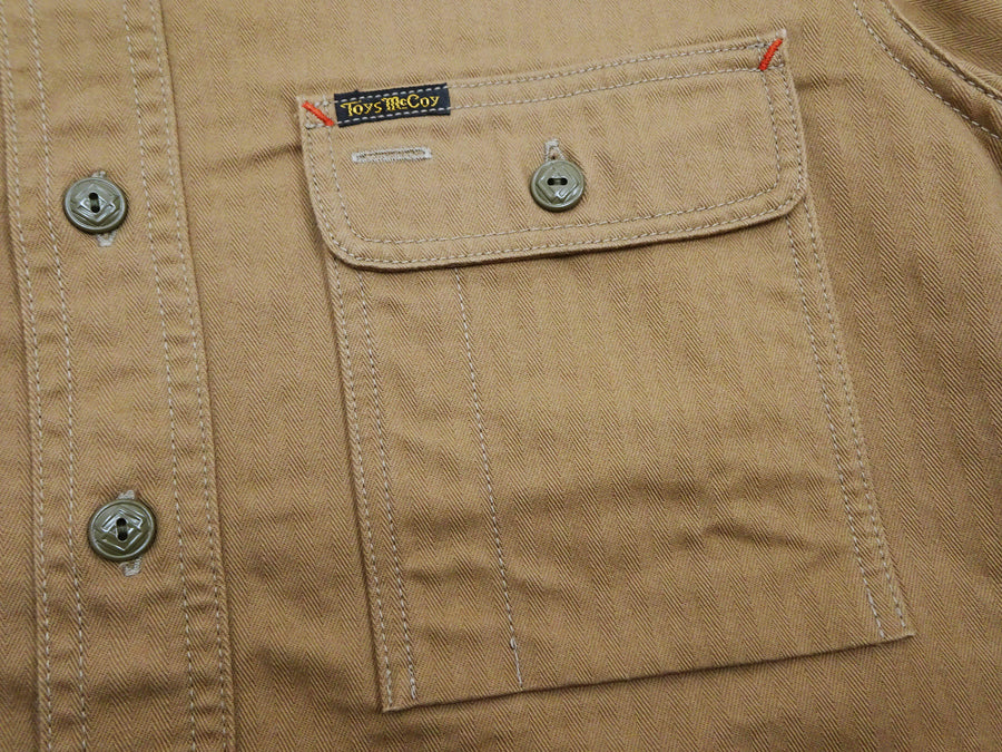 TOYS McCOY Men's Long-Sleeve Solid-Color Work Shirt - Vintage-Inspired Heavyweight Cotton Herringbone Twill (HBT), Made in Japan (TMS2508 041 Khaki Brown)