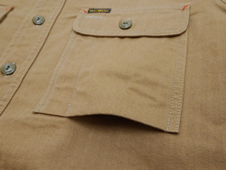 TOYS McCOY Men's Long-Sleeve Solid-Color Work Shirt - Vintage-Inspired Heavyweight Cotton Herringbone Twill (HBT), Made in Japan (TMS2508 041 Khaki Brown)