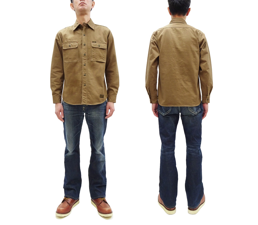 TOYS McCOY Men's Long-Sleeve Solid-Color Work Shirt - Vintage-Inspired Heavyweight Cotton Herringbone Twill (HBT), Made in Japan (TMS2508 041 Khaki Brown)