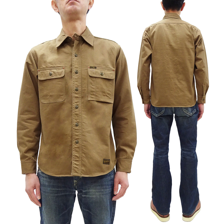 TOYS McCOY Men's Long-Sleeve Solid-Color Work Shirt - Vintage-Inspired Heavyweight Cotton Herringbone Twill (HBT), Made in Japan (TMS2508 041 Khaki Brown)