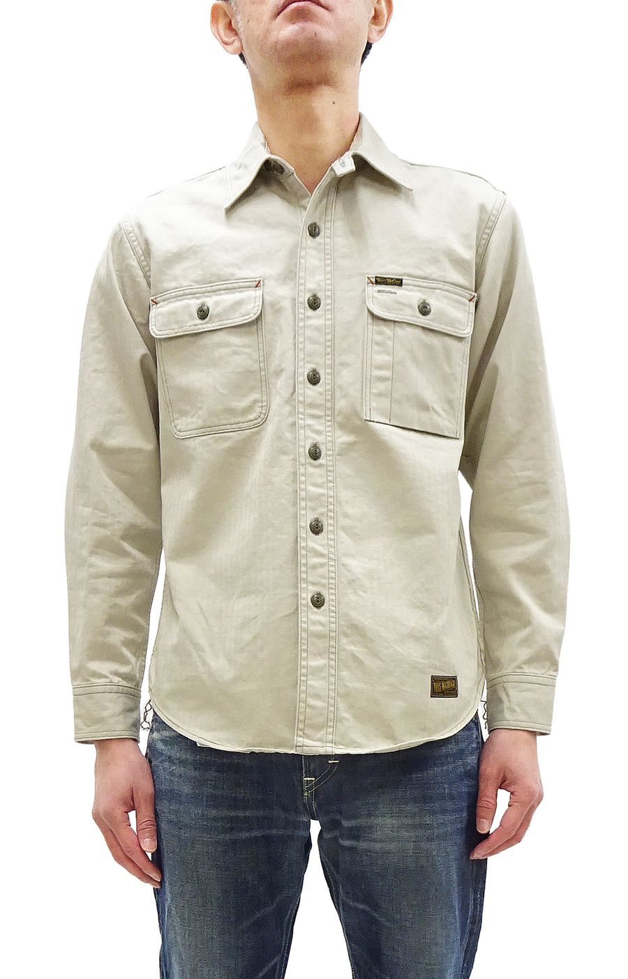 TOYS McCOY Men's Long-Sleeve Solid-Color Work Shirt - Vintage-Inspired Heavyweight Cotton Herringbone Twill (HBT), Made in Japan (TMS2508 040 Ivory)