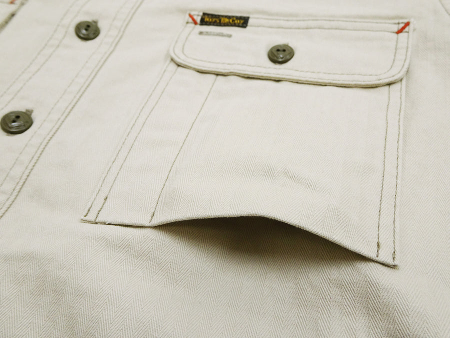 TOYS McCOY Men's Long-Sleeve Solid-Color Work Shirt - Vintage-Inspired Heavyweight Cotton Herringbone Twill (HBT), Made in Japan (TMS2508 040 Ivory)