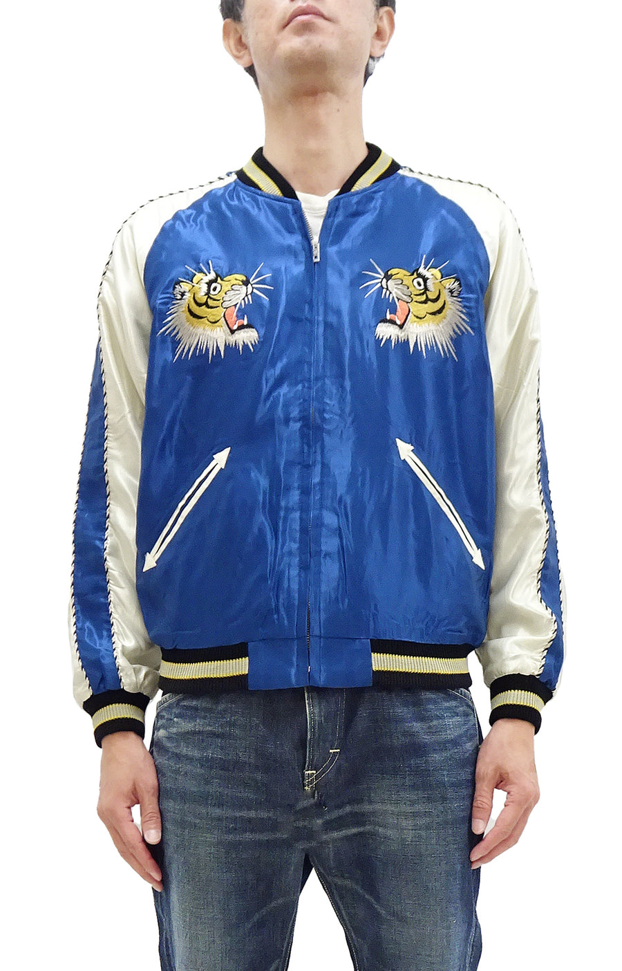 Tailor Toyo Sukajan Jacket Men's Japanese Souvenir Jacket Japan Roaring Tiger x Black Dragon Embroidery TT15542 TT15542-125 Blue x Pink