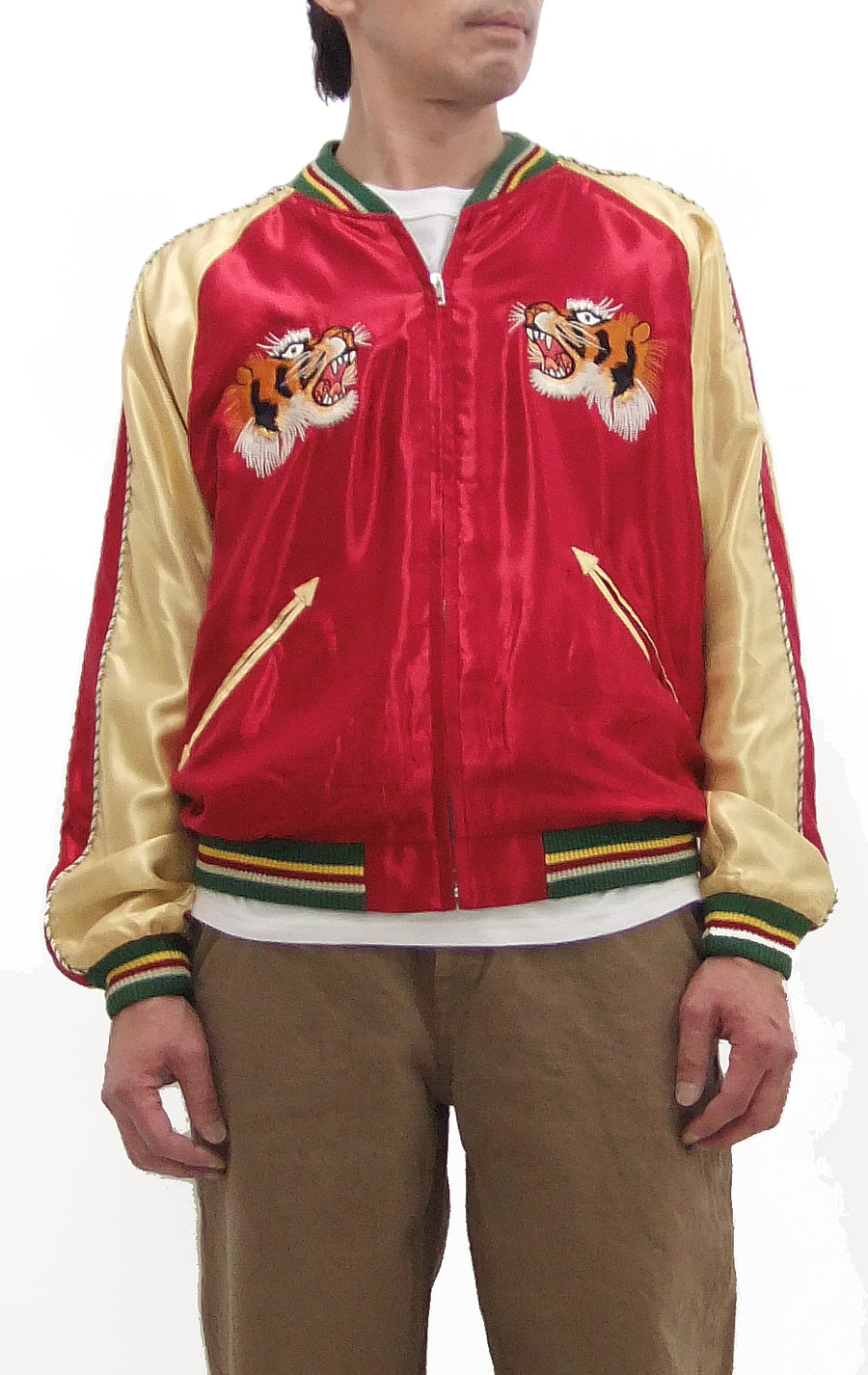 Tailor Toyo Sukajan Jacket TT15790 - Men's Satin Reversible Embroidered Japanese Souvenir Jacket - TT15790-170 Eagle x Blue Tiger Wine x Silver