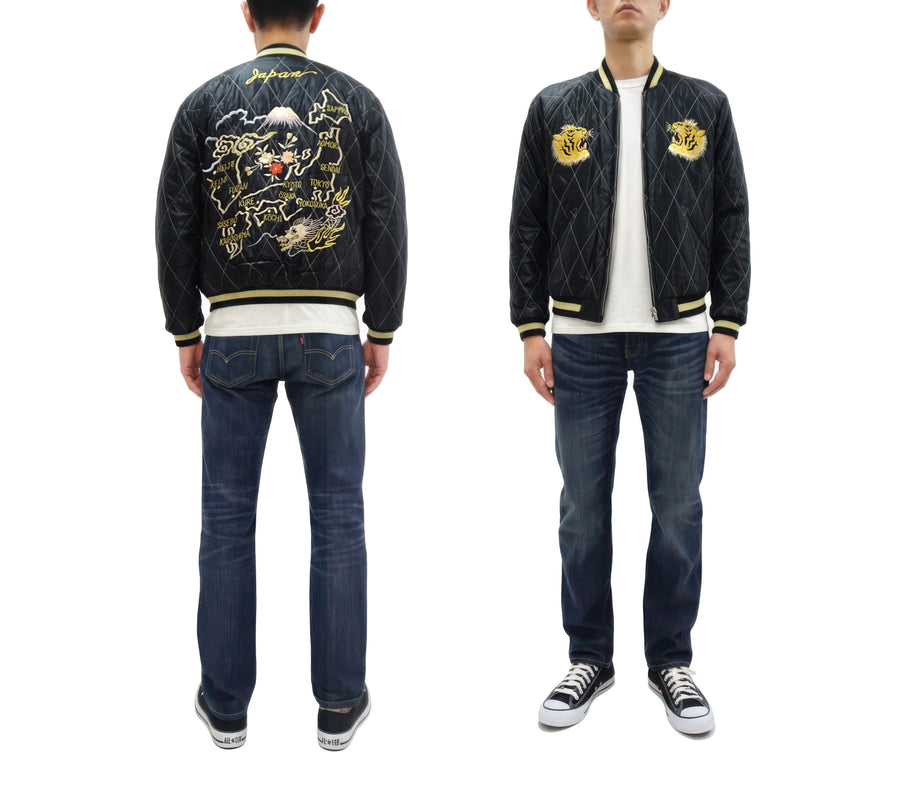 Tailor Toyo Japanese Souvenir Jacket - Men's Mid-1950s Reproduction Sukajan - Reversible, Velvet and Quilted Satin - TT15792-128 Roaring Tiger x Japan Map Dark Navy x Black
